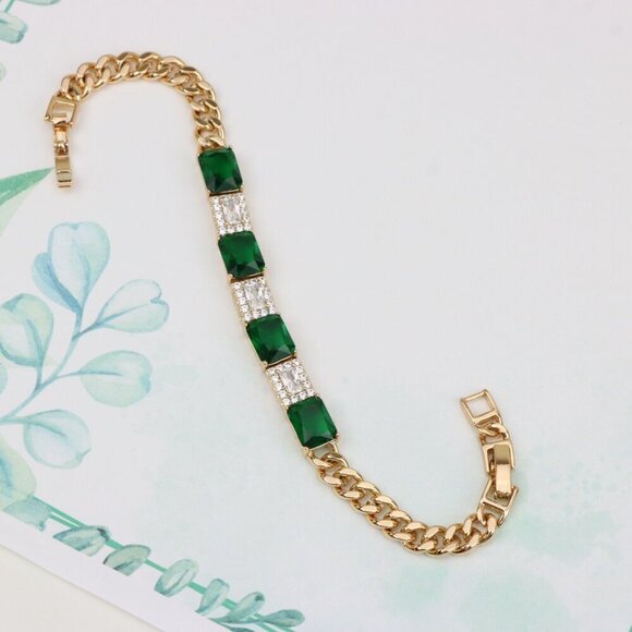 "Elegant Rose Gold Bracelet with Emerald Green and White Stones, XPBL0809 - Picture 3 of 12